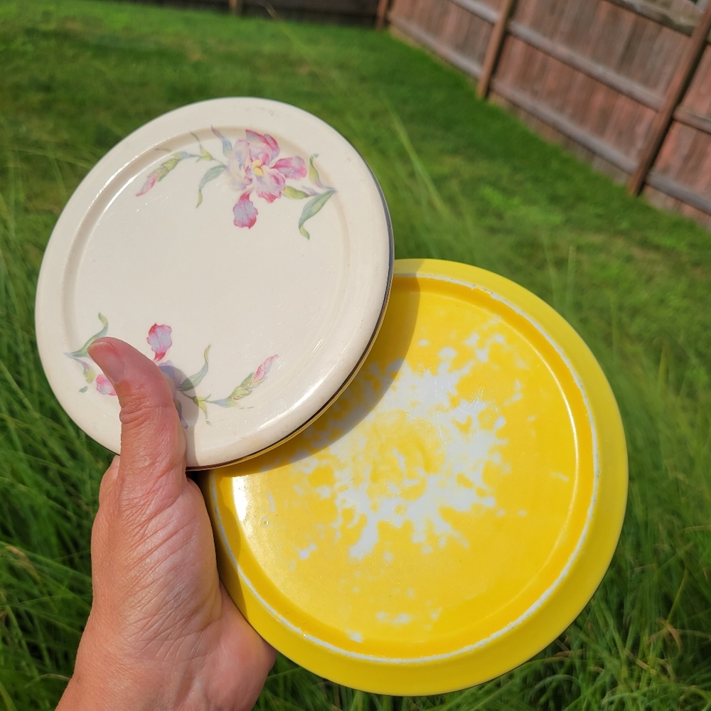 2 Vintage Items  ~ Yellow Trivet - Germany & Floral Universal (?) Lid or Trivet